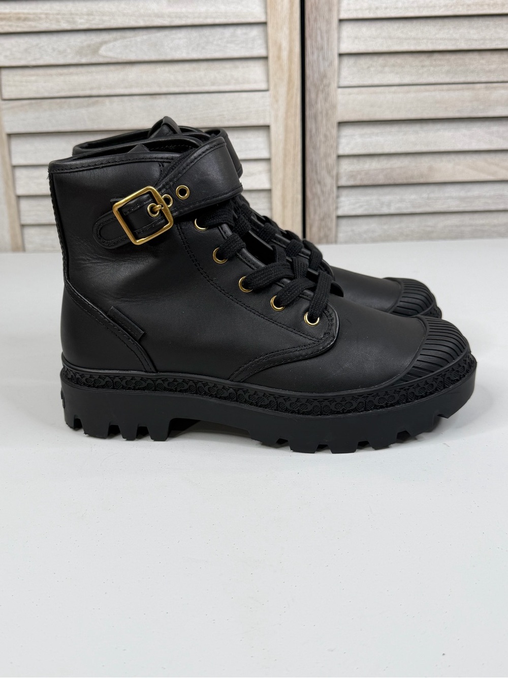 COACH "Trooper" Mid Top Black Leather Combat Boots Lug Sole Buckle Ankle-8